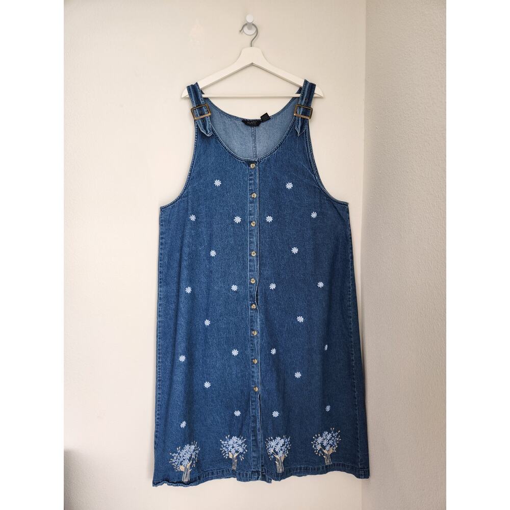 Vintage Y2K Denim Floral Embroidered Overall Dress A Line Cottagecore Plus 3X